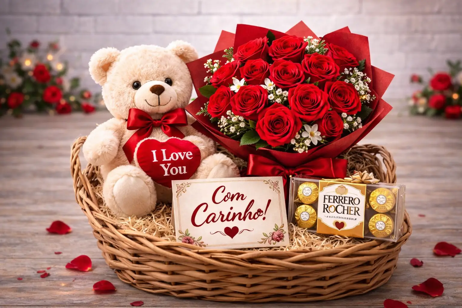 Cesta Romântica Ursinho, Rosas e Chocolates