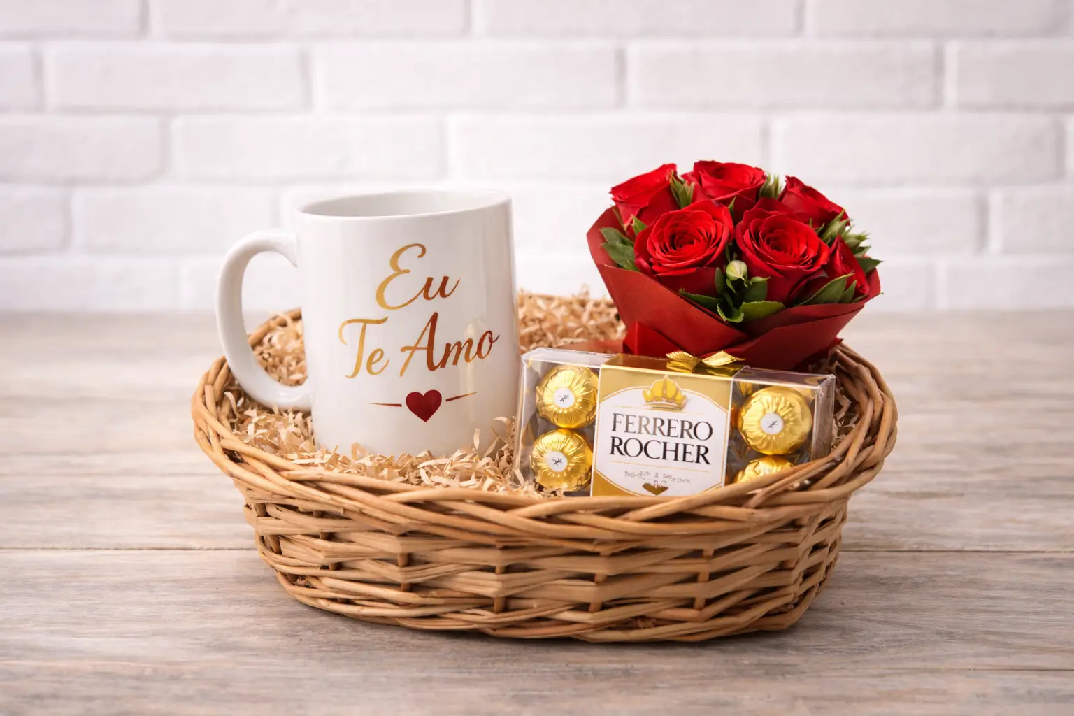 Cesta Mini Romântica com Caneca, Chocolates e Buquê